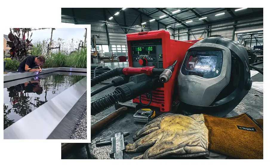 Herstellung von Edelstahl-Wasserfällen: Schweißgerät, Schutzhelm und Fachkraft bei der Kontrolle eines fertigen Wasserfalls