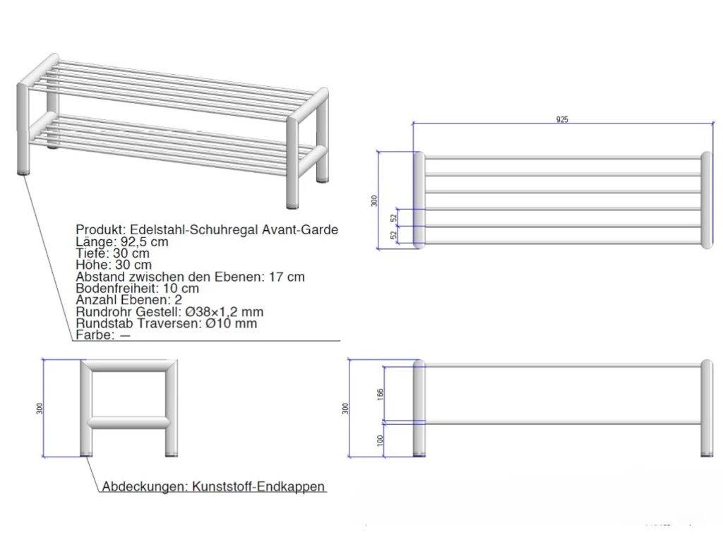 Detaillierte technische Zeichnung des Avant-Garde-Schuhregals aus Edelstahl mit runden Rohren und Kunststoff-Endkappen