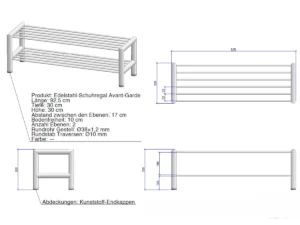 Detaillierte technische Zeichnung des Avant-Garde-Schuhregals aus Edelstahl mit runden Rohren und Kunststoff-Endkappen