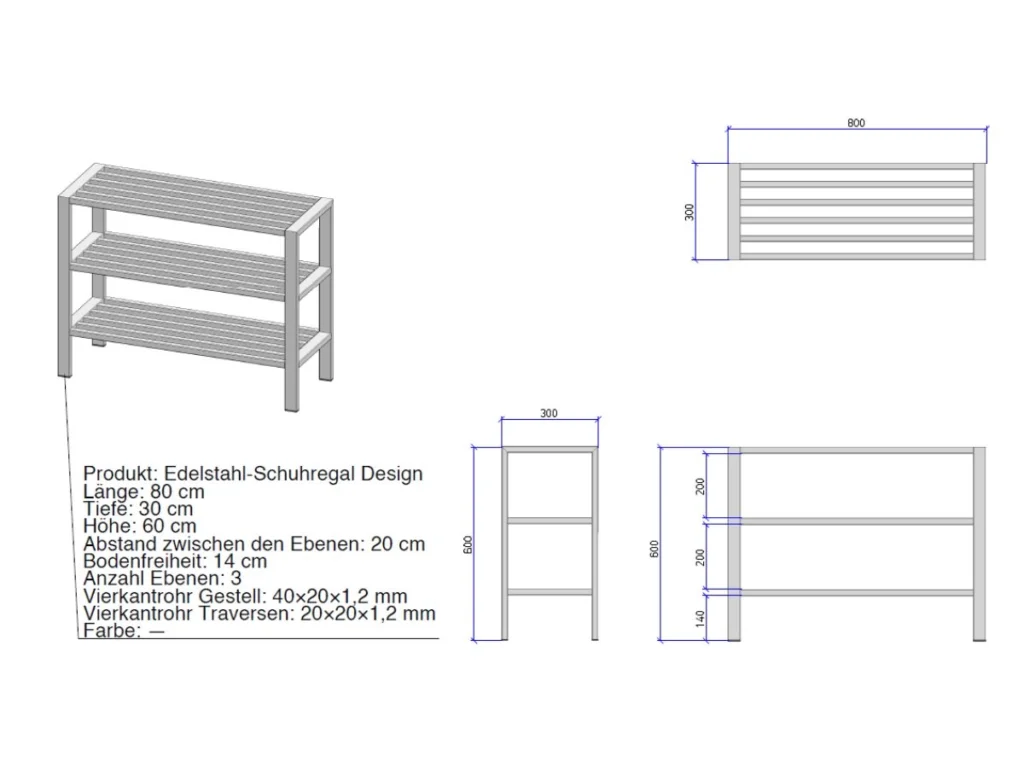 Technische Zeichnung des Edelstahl-Schuhregals Design mit Abmessungen, Ebenenabständen und Rohrspezifikationen