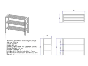 Technische Zeichnung des Edelstahl-Schuhregals Design mit Abmessungen, Ebenenabständen und Rohrspezifikationen
