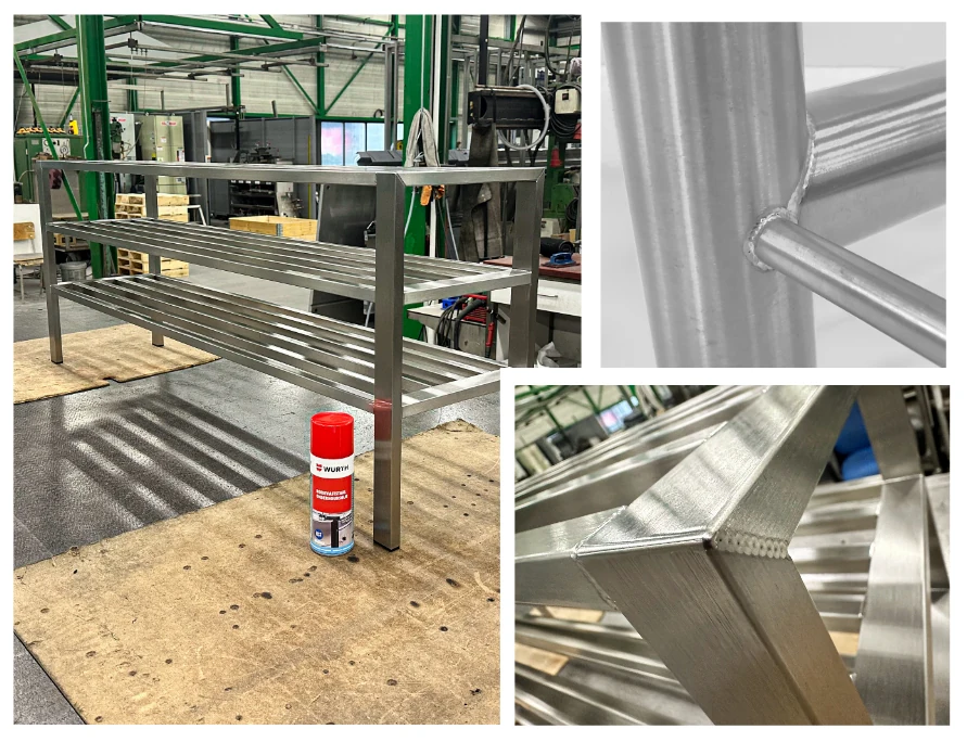 Edelstahl-Schuhregal in der Werkstatt – präzise Verarbeitung und hochwertige Schweißnähte in Handarbeit.