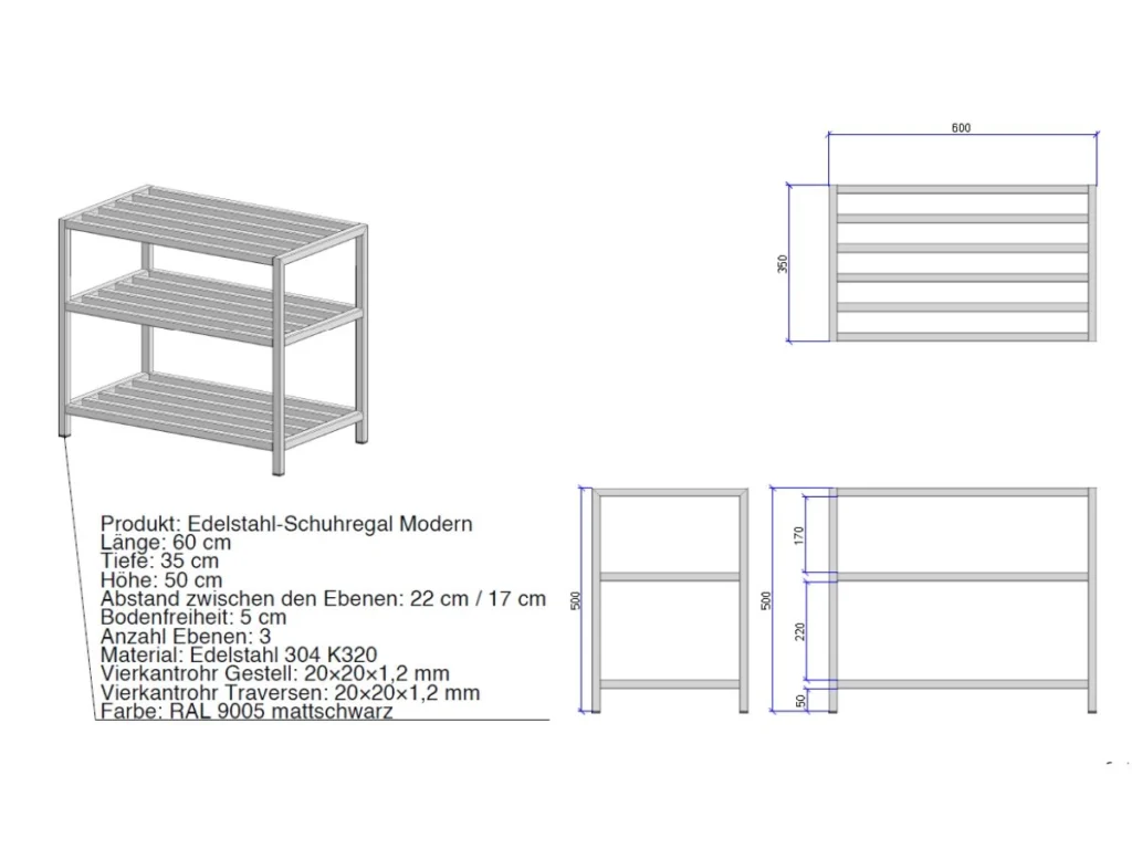 Technische Darstellung des Edelstahl-Schuhregals Modern mit Maßangaben, Rohrmaterialien und RAL-Farbe