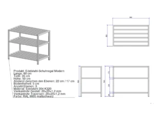Technische Darstellung des Edelstahl-Schuhregals Modern mit Maßangaben, Rohrmaterialien und RAL-Farbe