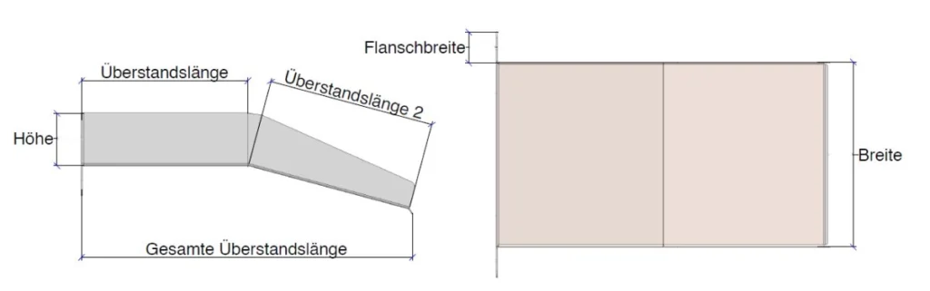 Technische Zeichnung eines maßgefertigten Edelstahl Überlaufwasserfalls mit Breiten- und Höhenangaben.