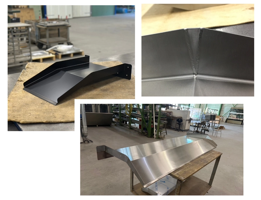 Detailaufnahme der handwerklichen Fertigung eines Edelstahl Überlaufwasserfalls mit gebürsteter Oberfläche und gereinigten Schweißnähten.