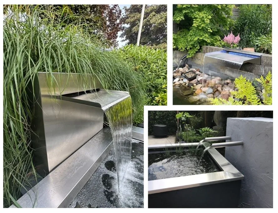 Verschiedene Edelstahl-Wasserfall-Modelle: freistehend im Garten, als Einbau am Teich, mit LED-Beleuchtung oder schwarzer Pulverbeschichtung