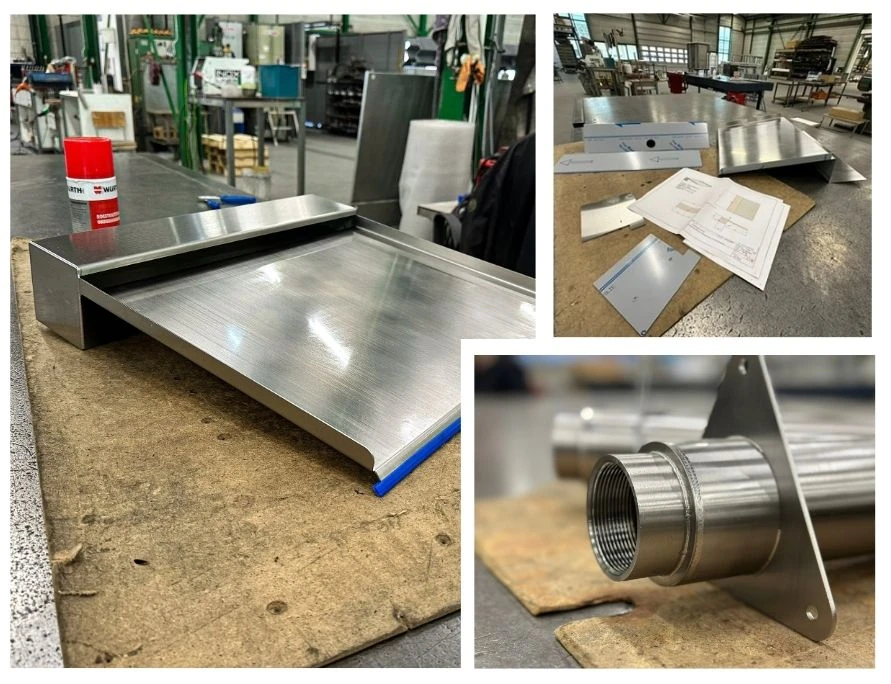 Montage und Fertigung eines Edelstahl-Wasserfalls Modell Livingstone in der Werkstatt, mit Zeichnungen und Einzelteilen