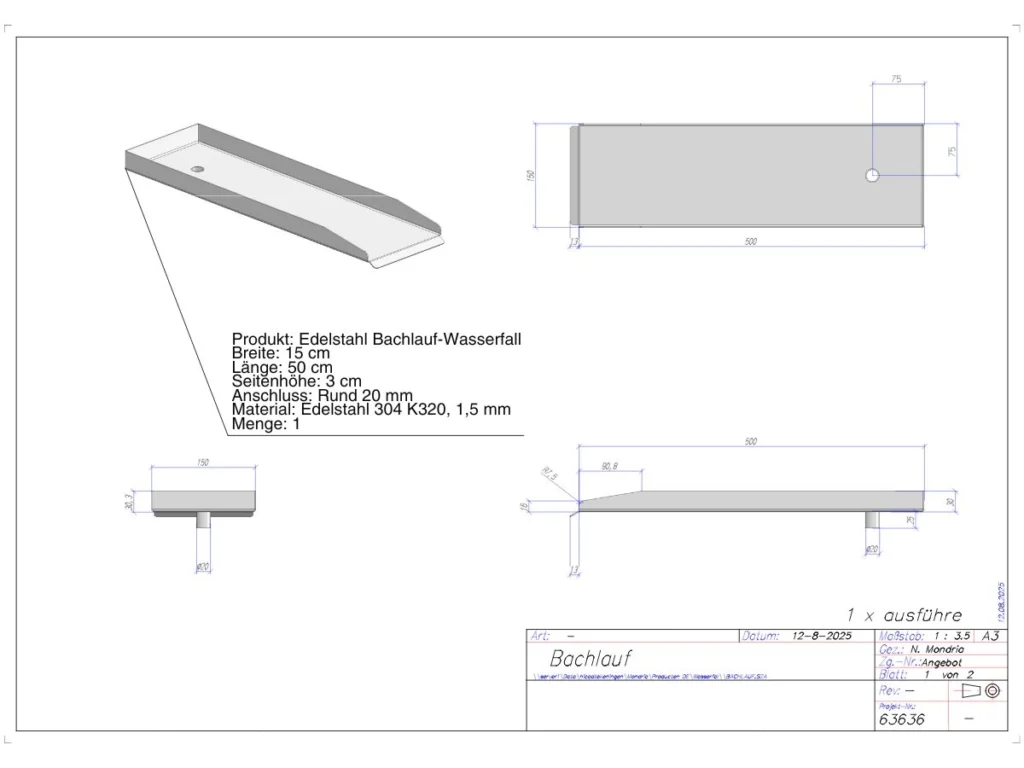 Technische Zeichnung eines maßgefertigten Bachlauf-Wasserfalls aus Edelstahl mit detaillierten Abmessungen