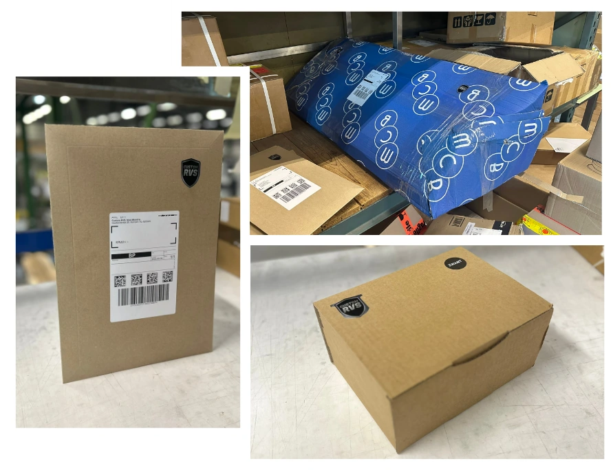 Collage der Custom RVS Verpackung und Versand mit stabilen Kartons und Versandetiketten